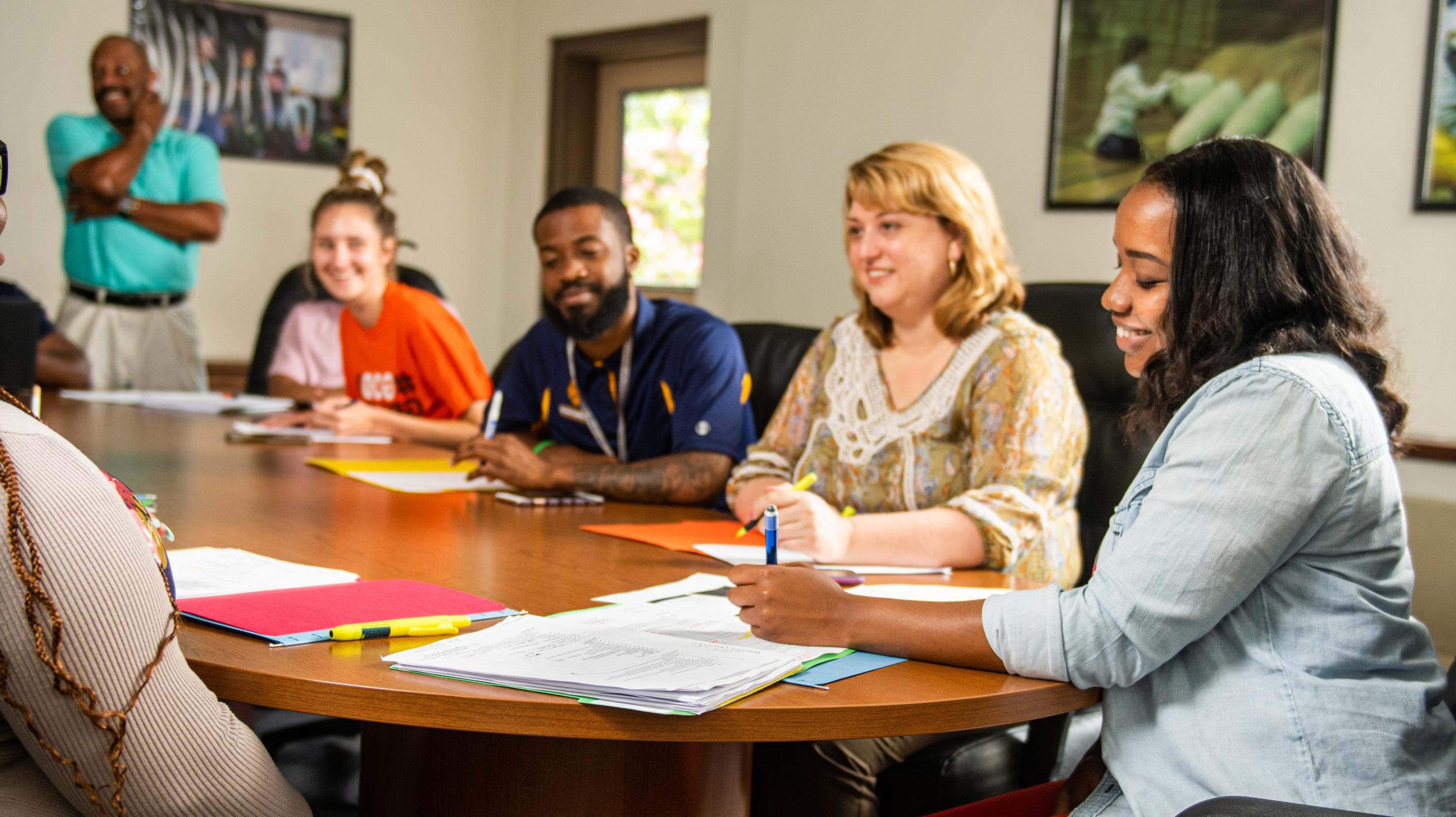 A group of students in a discussion at school.